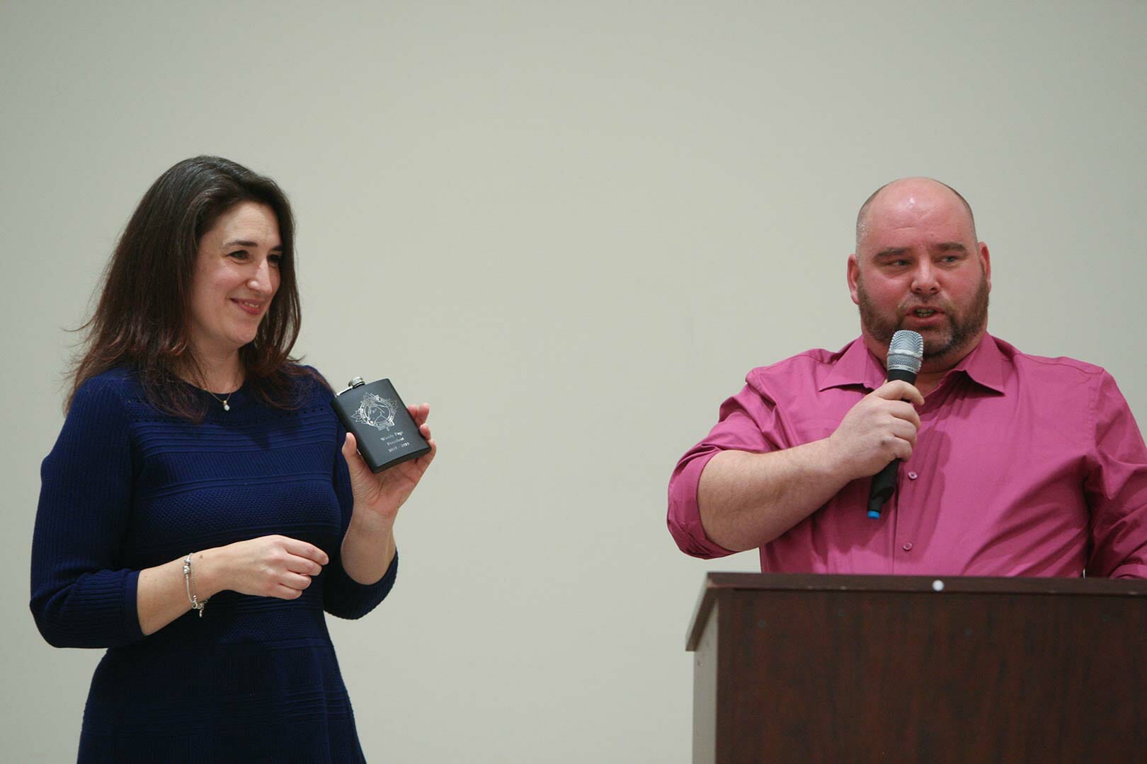 Jason Kay presenting Wendy Page with gift at Annual Sutton Fair Banquet 2020
